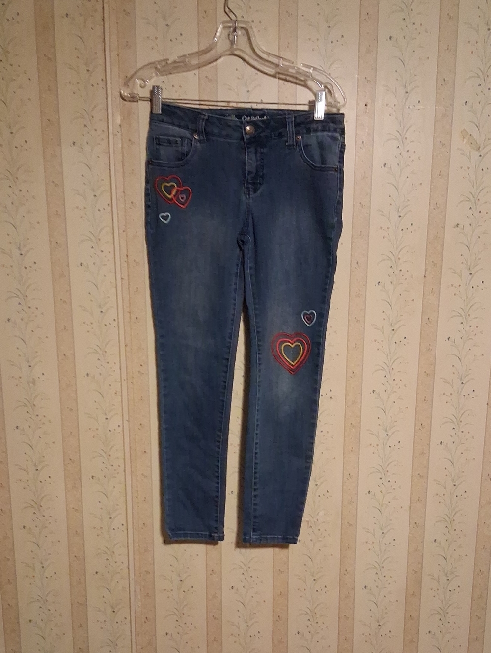 Cat & Jack Blue Denim Jeans with Multicolor Heart Embroidery